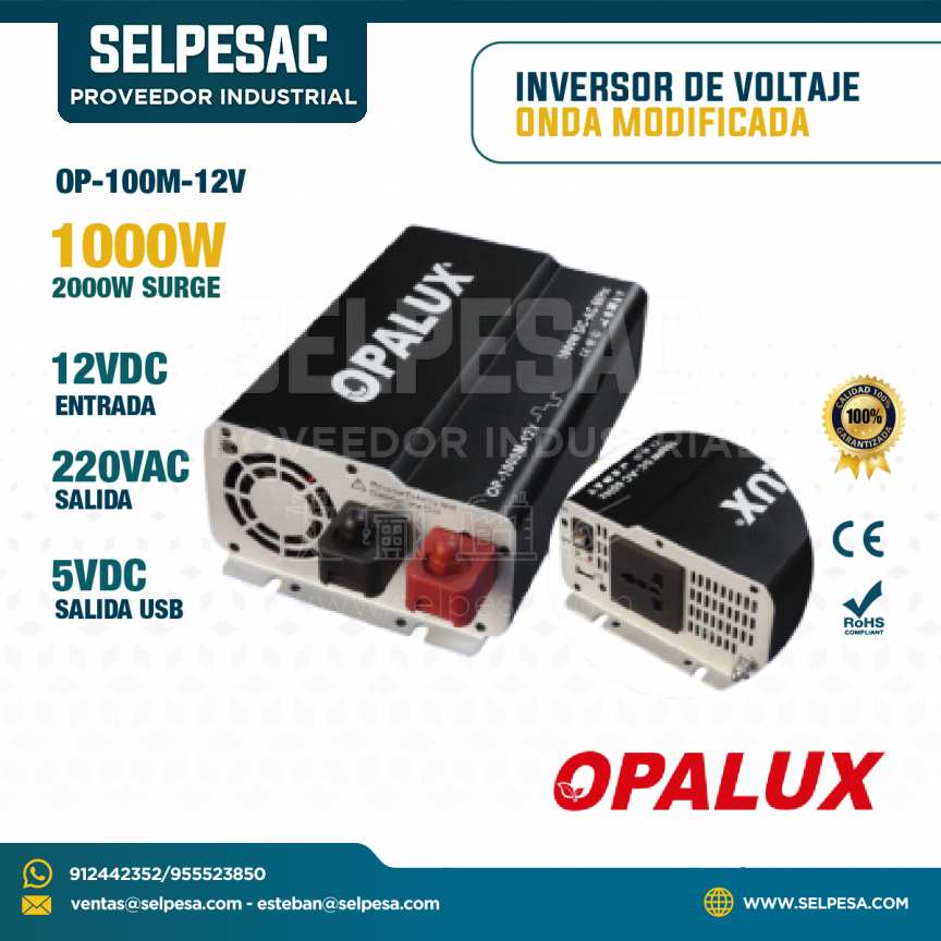 OPALUX - INVERSOR DE VOLTAJE ONDA MODIFICADA 1000W 12VDC 220VAC SALIDA USB