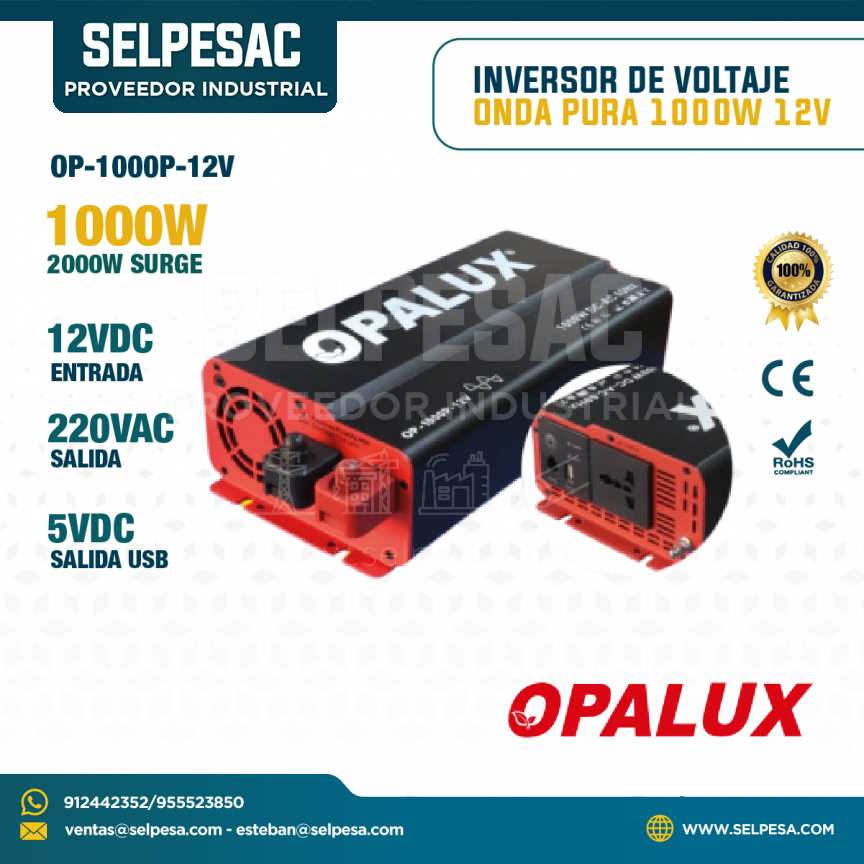 OPALUX - INVERSOR DE VOLTAJE ONDA PURA 1000W 12V 220VAC SALIDA USB