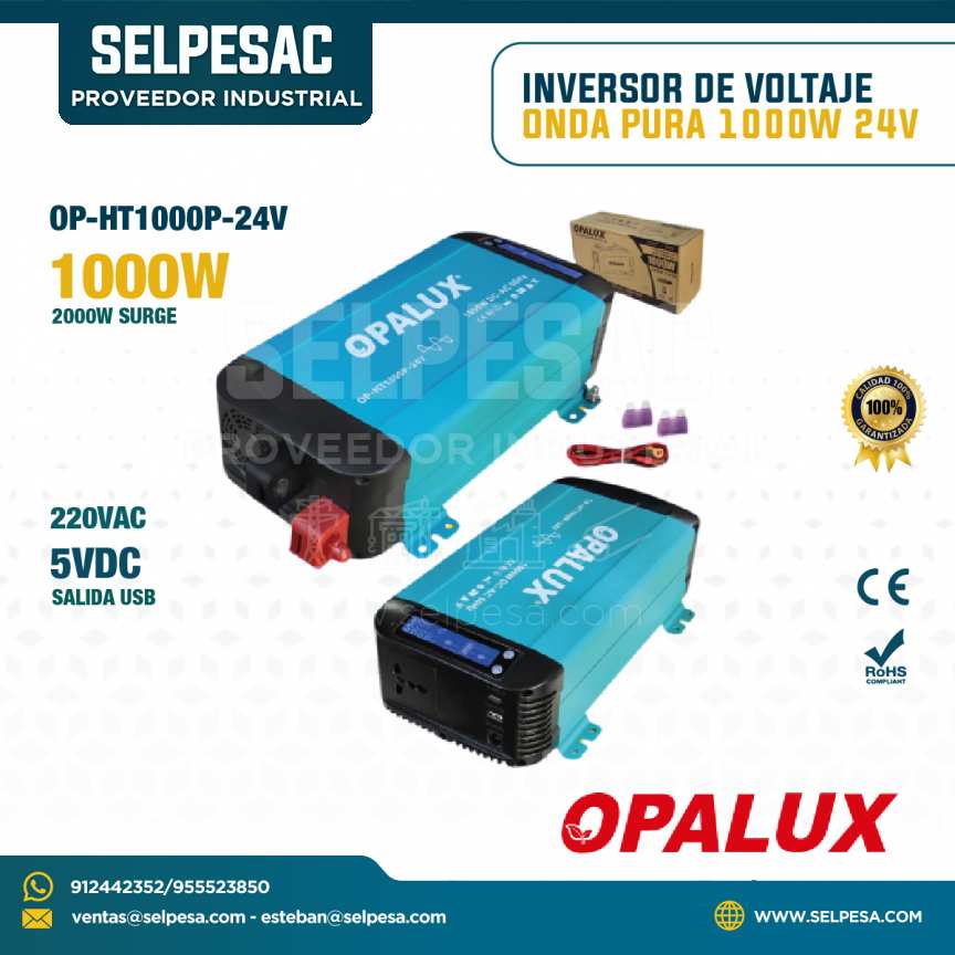 OPALUX - INVERSOR DE VOLTAJE ONDA PURA 1000W 24V 5VDC USB