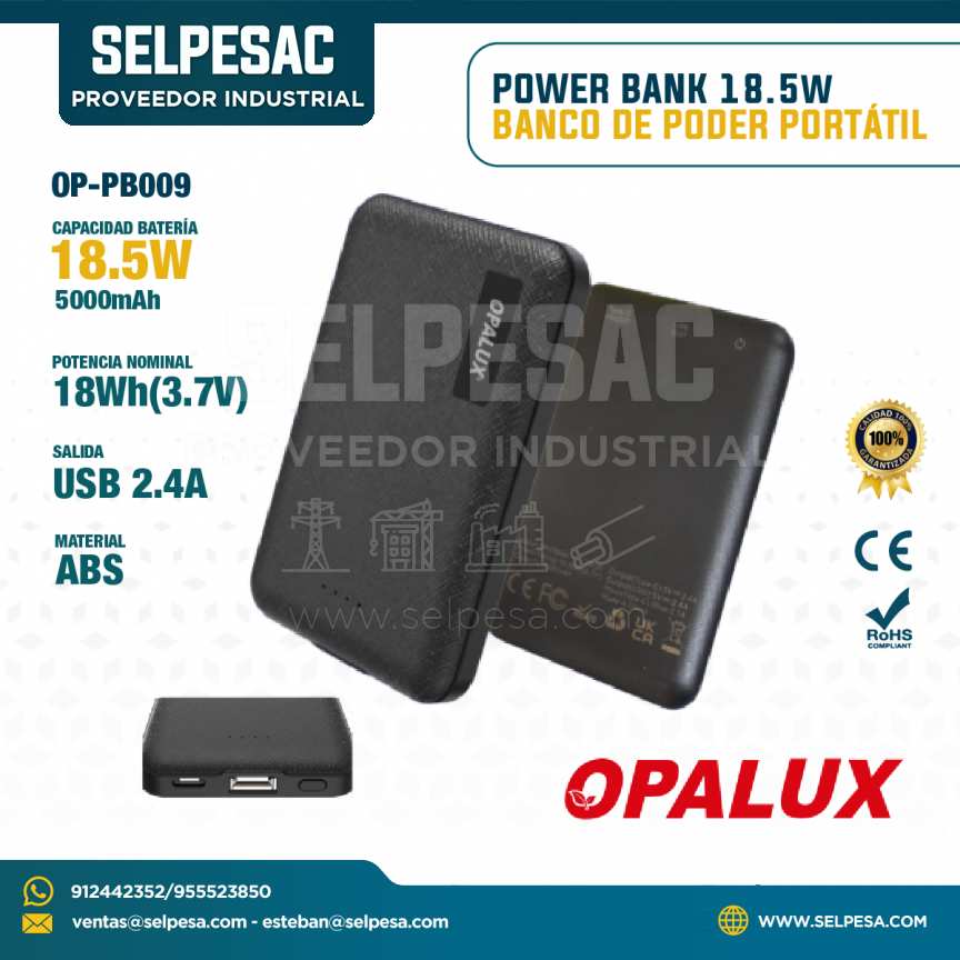 OPALUX - BANCO DE PODER PORTÁTIL 18.5W 18Wh(3.7V) USB 2.4A