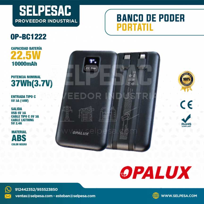 OPALUX - BANCO DE PODER PORTÁTIL 22.5W 37Wh(3.7V) ENTRADA MATERIAL ABS
