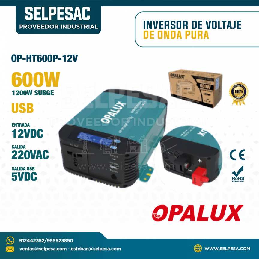 OPALUX - INVERSOR DE VOLTAJE DE ONDA PURA 600W 1200W SURGE ENTRADA 12VDC SALIDA 220VAC