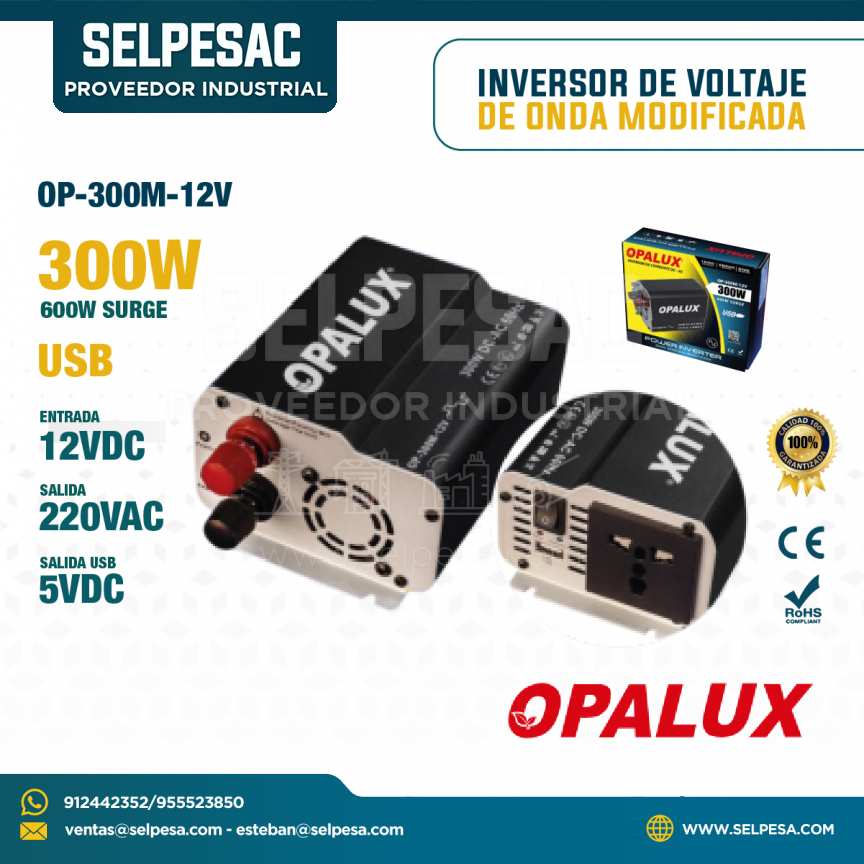 OPALUX - INVERSOR DE VOLTAJE DE ONDA MODIFICADA 300W ENTRADA12VDC SALIDA 220VAC