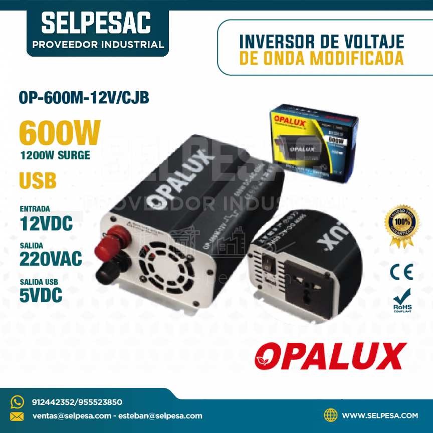 OPALUX - INVERSOR DE VOLTAJE DE ONDA MODIFICADA 600W ENTRADA 12VDC SALIDA 220VAC