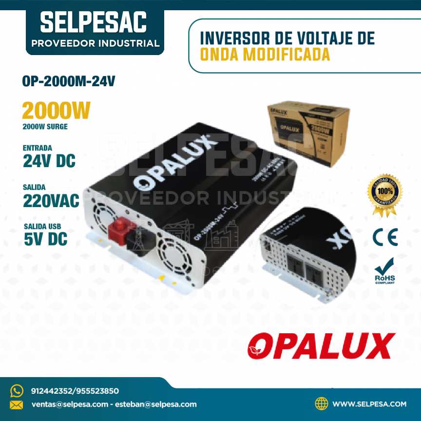 OPALUX - INVERSOR DE VOLTAJE DE ONDA MODIFICADA 2000W ENTRADA 24VDC SALIDA 220VAC USB 5V DC