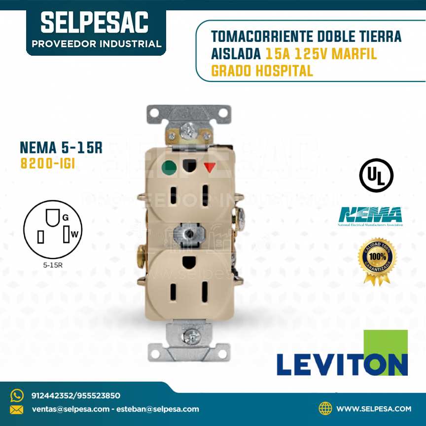 LEVITON - TOMACORRIENTE DOBLE TIERRA AISLADA 15A 125V MARFIL G. HOSPITAL NEMA 5-15R