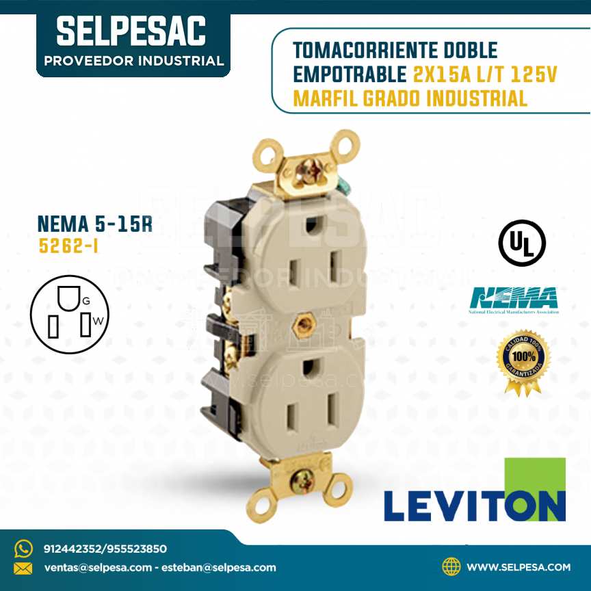LEVITON - TOMACORRIENTE DOBLE EMPOTRABLE 2X15A L/T 125V MARFIL G. INDUSTRIAL