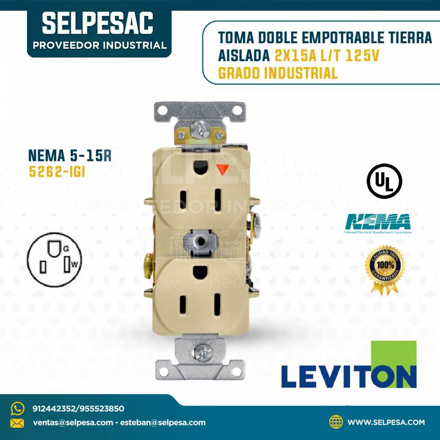 LEVITON - TOMA DOBLE EMPOTRABLE TIERRA ASILADA 2X15A L/T 125V G. INDUSTRIAL NEMA 5-15R