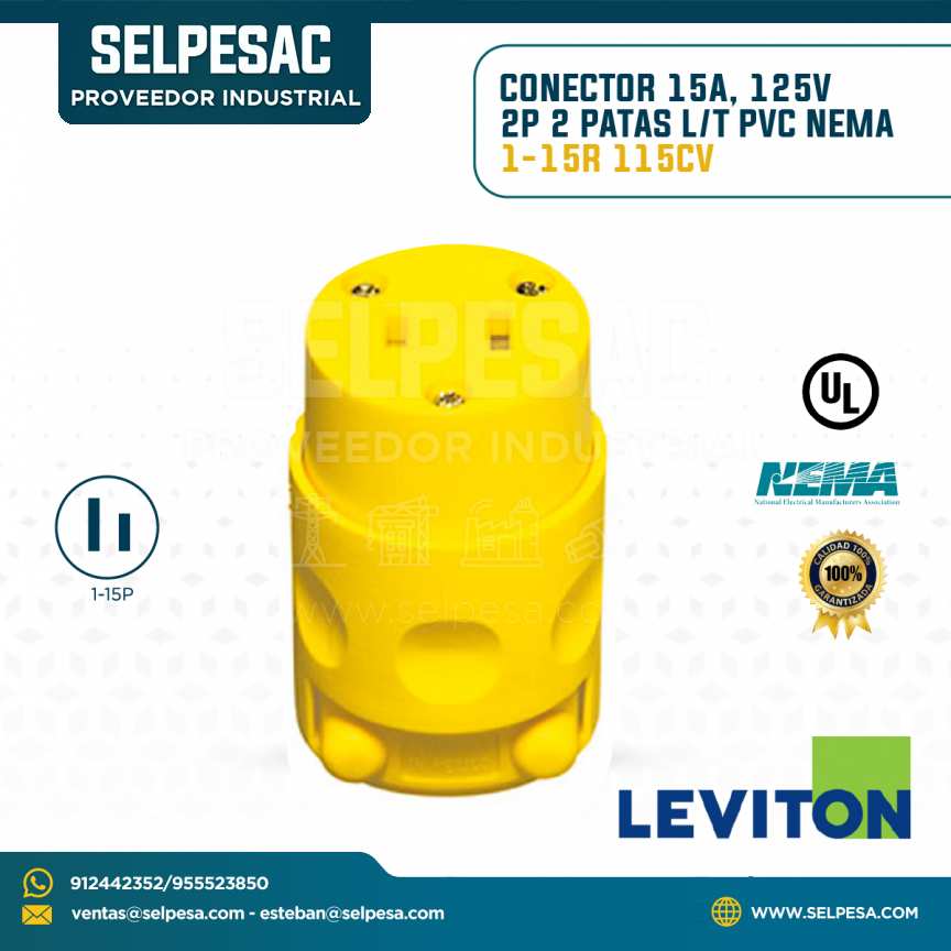 LEVITON - CONECTOR 15A 125V 2P 2 PATAS L/T PVC NEMA 1-15R 115CV