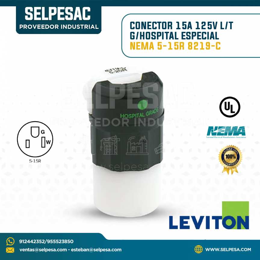 LEVITON - CONECTOR 15A 125V L/T G/HOSPITAL ESPECIAL NEMA 5-15R 8219C