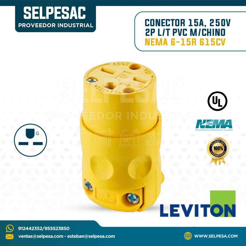 LEVITON - CONECTOR 15A 250V 2P L/T PVC M/CHINO NEMA 6-15R 615CV