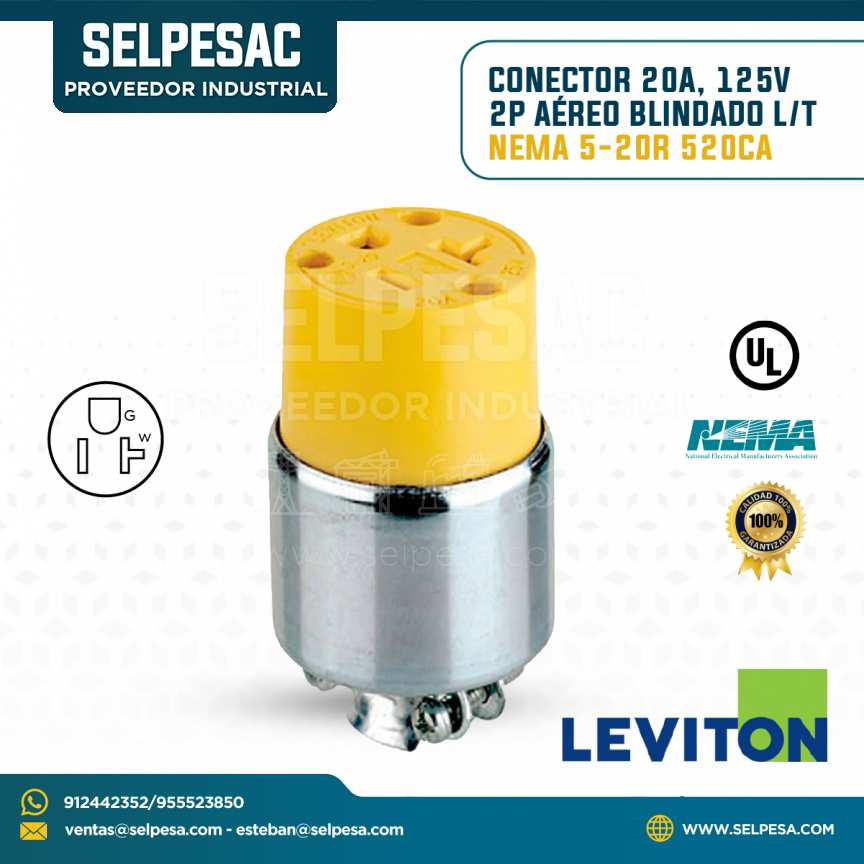 LEVITON - CONECTOR 20A 125V 2P AÉREO BLINDADO L/T NEMA 5-20R 520CA