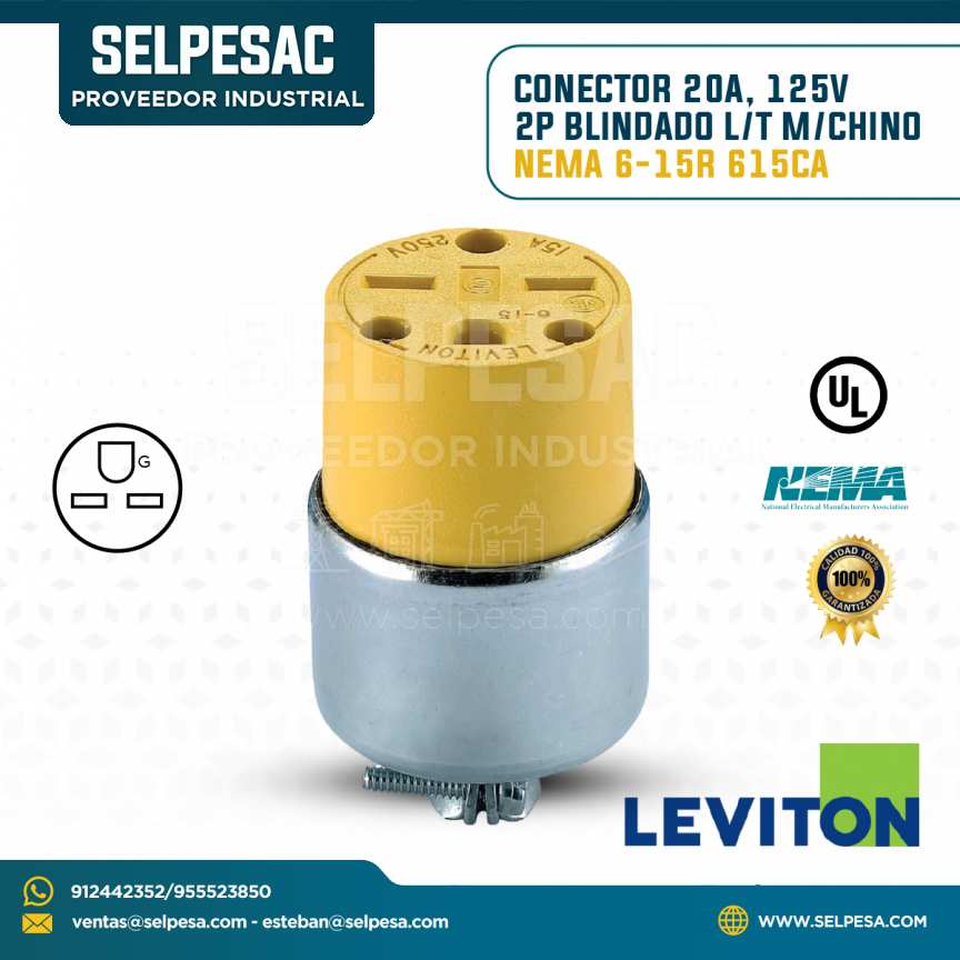 LEVITON - CONECTOR 20A 125V 2P BLINDADO L/T M/CHINO NEMA6-15R 615CA