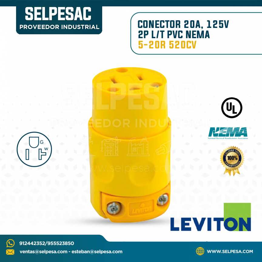 LEVITON - CONECTOR 20A 125V 2P L/T PVC NEMA 5-20R 520CV