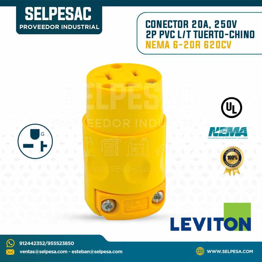 LEVITON - CONECTOR 20A 250V 2P PVC L/T TUERTO CHINO NEMA 6-20R 620CV