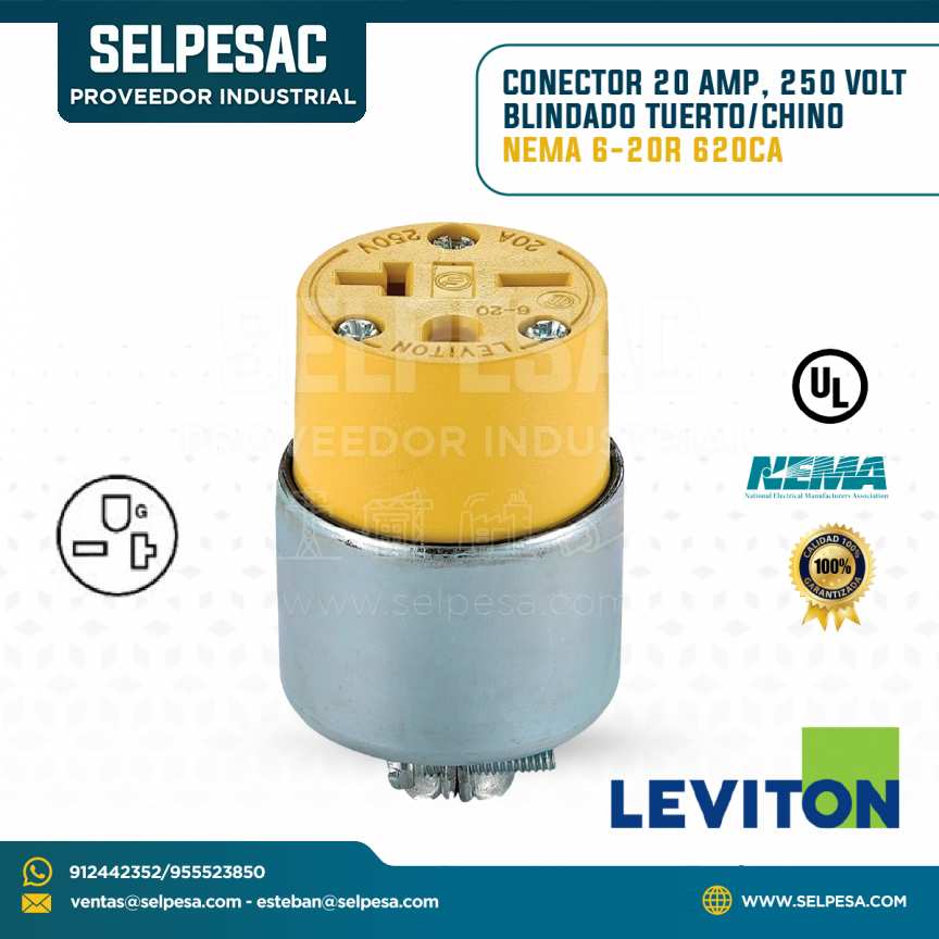 LEVITON - CONECTOR 20AMP 250VOLT BLINDADO TUERTO-CHINO NEMA 6-20R 620CA