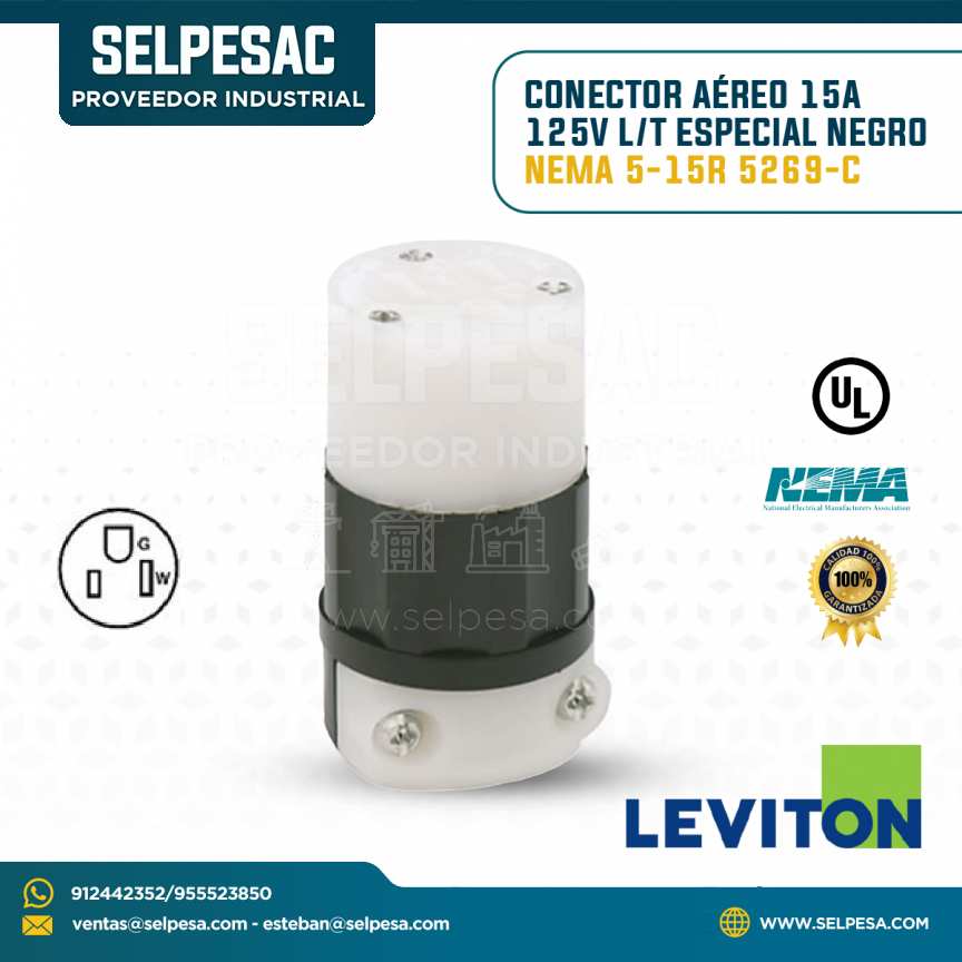 LEVITON - CONECTOR AÉREO 15A 125V L/T ESPECIAL NEGRO NEMA 5-15R 5269-C