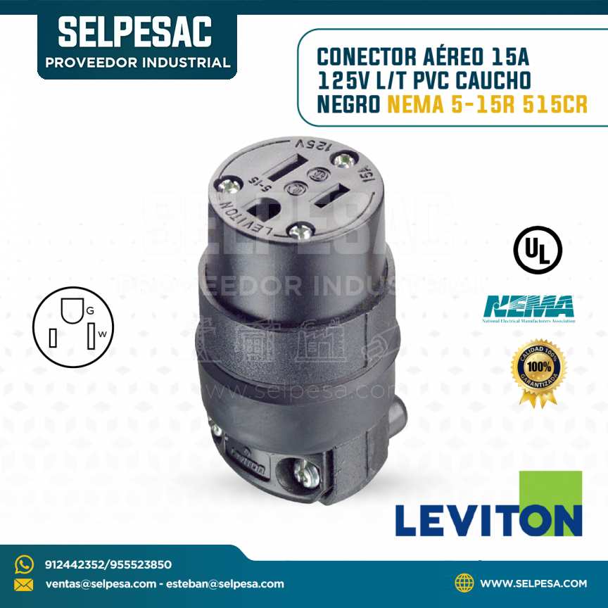 LEVITON - CONECTOR AÉREO 15A 125V L-T PVC CAUCHO NEGRO NEMA 5-15R 515CR