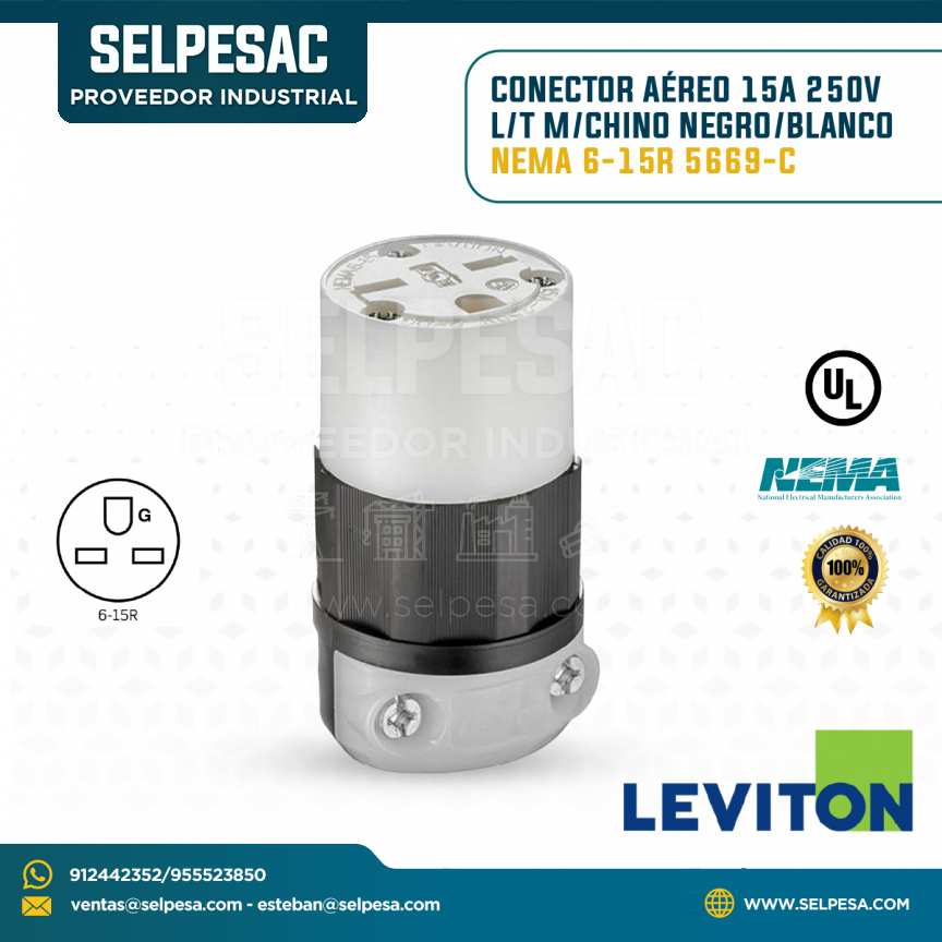 LEVITON - CONECTOR AÉREO 15A 250V L/T M-CHINO NEGRO-BLANCO NEMA 6-15R 5669-C