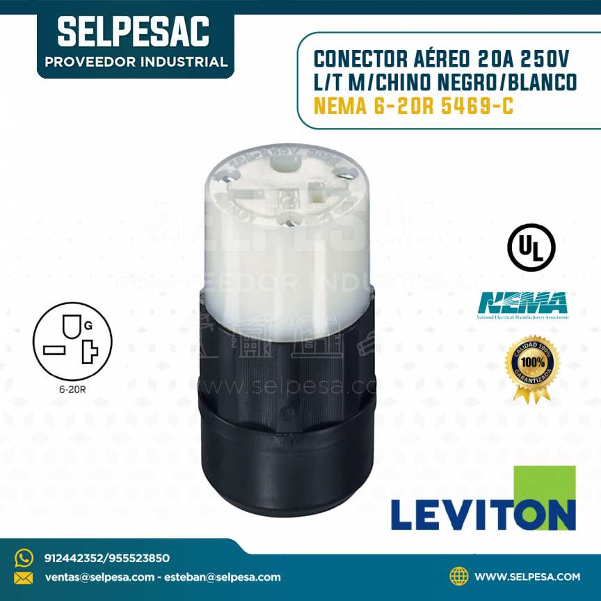 LEVITON - CONECTOR AÉREO 20A 250V L/T M/CHINO NEGRO-BLANCO NEMA 6-20R 5469-C