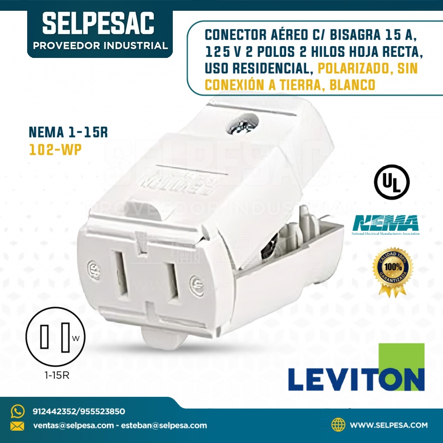 LEVITON - CONECTOR AÉREO C/BISAGRA 15A 125V 2P 2 HILOS HOJA RECTA C/TIERRA BLANCO NEMA1-15R