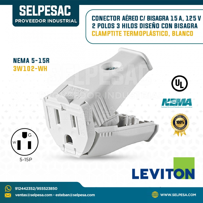 LEVITON - CONECTOR AÉREO C/BISAGRA 15A 125V 2P 3 HILOS CLAMPTITE TERMOPLÁTISCO BLANCO NEMA 5-15R 3W102-WH