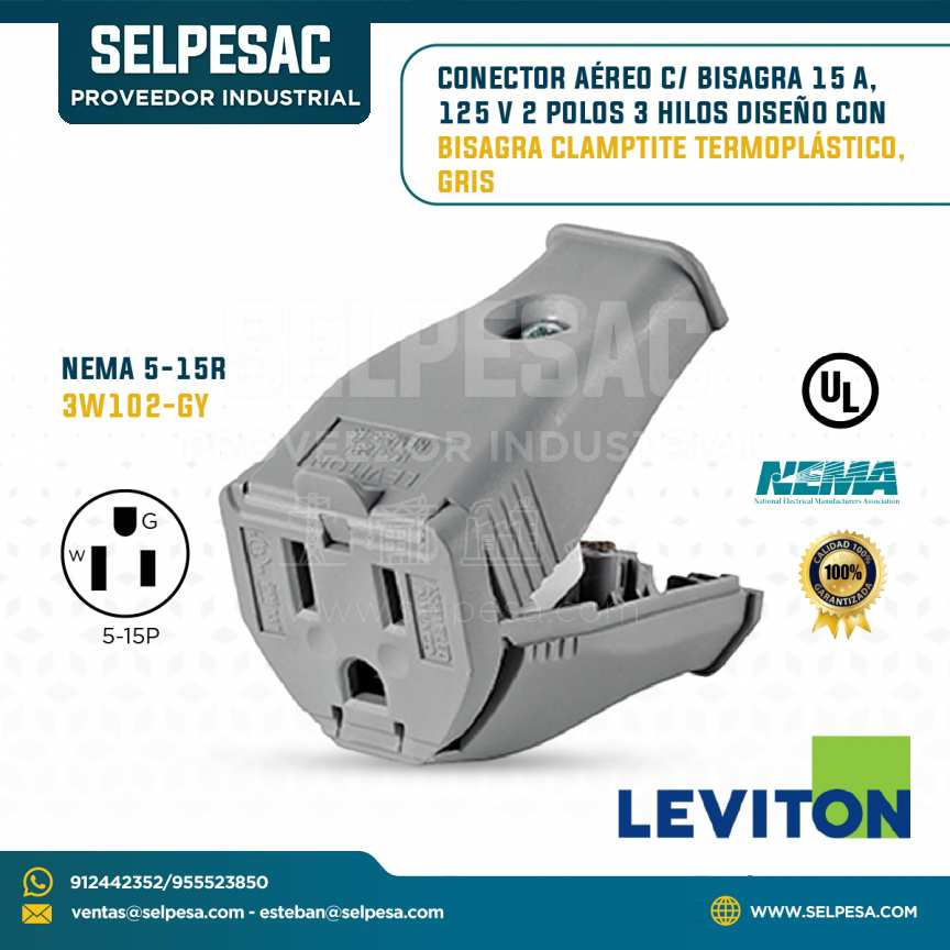 LEVITON - CONECTOR AÉREO C/BISAGRA 15A 125V 2P 3 HILOS CLAMPTITE TERMOPLÁTISCO GRIS NEMA 5-15R 3W102-GY