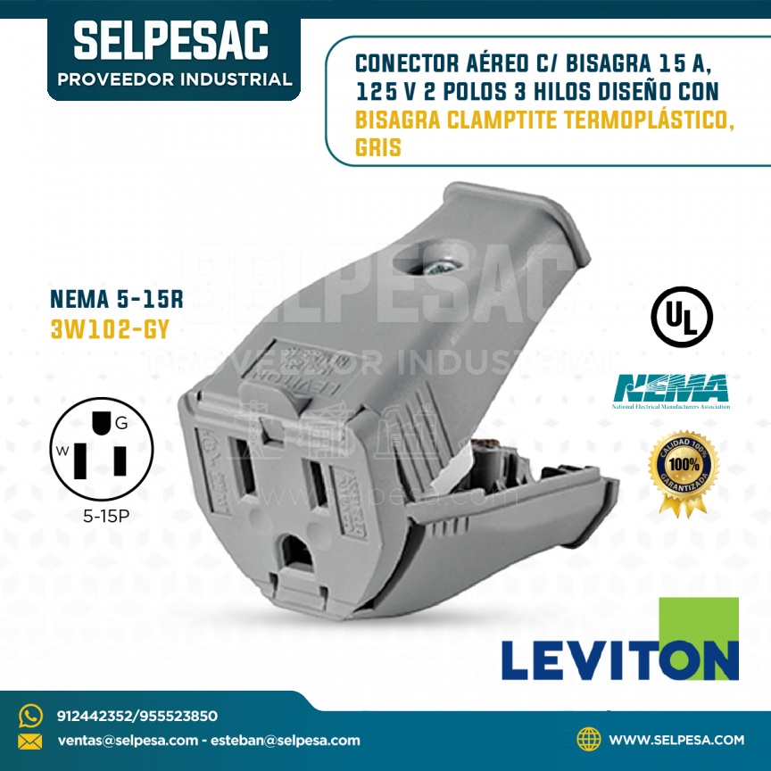 LEVITON - CONECTOR AÉREO C/BISAGRA 15A 125V 2P 3 HILOS CLAMPTITE TERMOPLÁTISCO GRIS NEMA 5-15R 3W102-GY