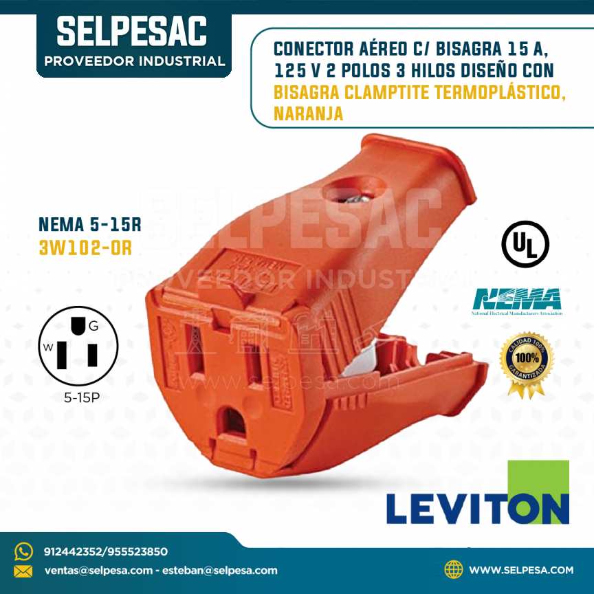 LEVITON - CONECTOR AÉREO C/BISAGRA 15A 125V 2P 3 HILOS CLAMPTITE TERMOPLÁTISCO NARANJA NEMA 5-15R 3W102-OR