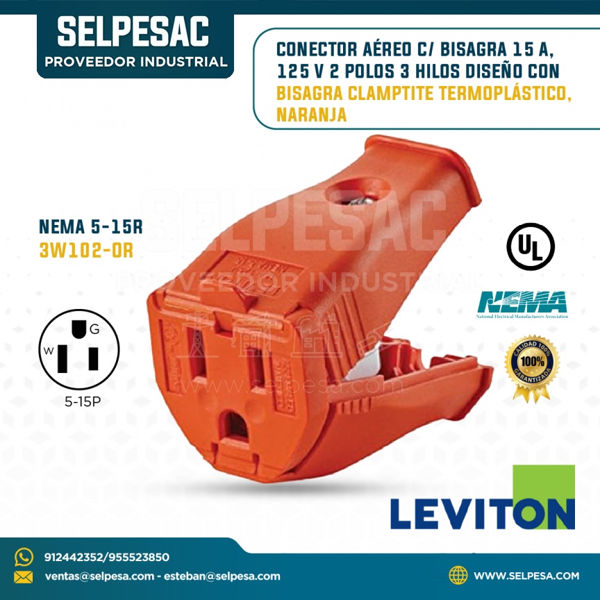 LEVITON - CONECTOR AÉREO C/BISAGRA 15A 125V 2P 3 HILOS CLAMPTITE TERMOPLÁTISCO NARANJA NEMA 5-15R 3W102-OR