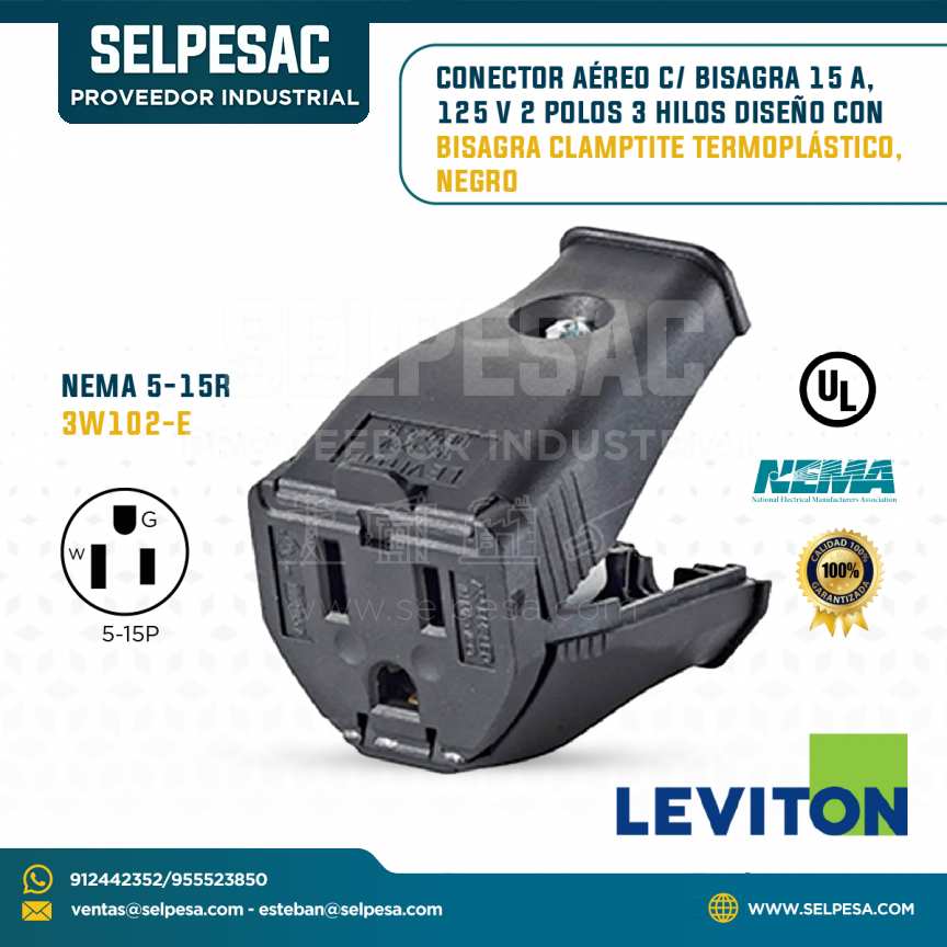 LEVITON - CONECTOR AÉREO C/BISAGRA 15A 125V 2P 3 HILOS CLAMPTITE TERMOPLÁTISCO NEGRO NEMA 5-15R 3W102-E