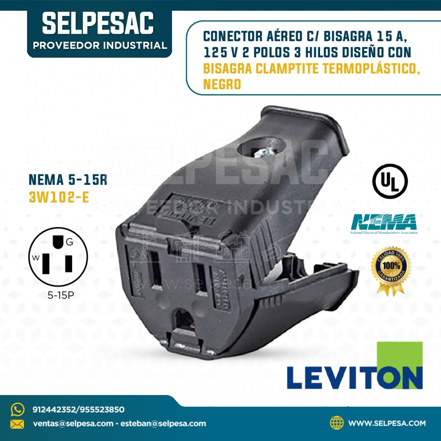 LEVITON - CONECTOR AÉREO C/BISAGRA 15A 125V 2P 3 HILOS CLAMPTITE TERMOPLÁTISCO NEGRO NEMA 5-15R 3W102-E