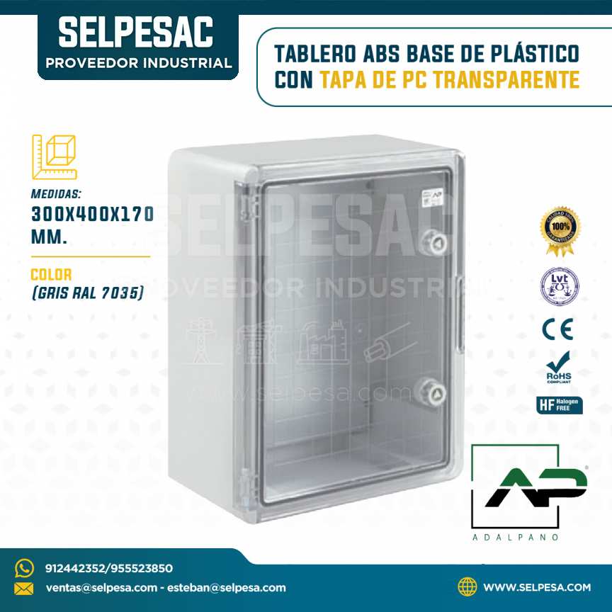 ADALPANO - TABLERO ABS BASE DE PLÁSTICO CON TAPA DE PC TRANSPARENTE 300X400X170MM