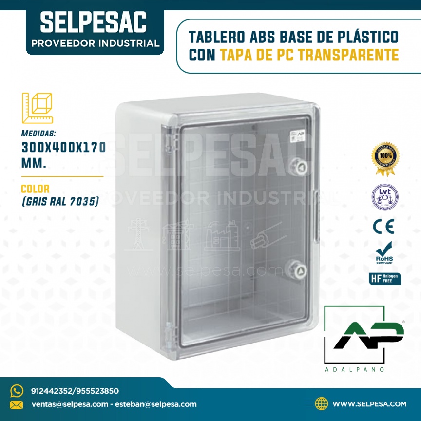 ADALPANO - TABLERO ABS BASE DE PLÁSTICO CON TAPA DE PC TRANSPARENTE 300X400X170MM