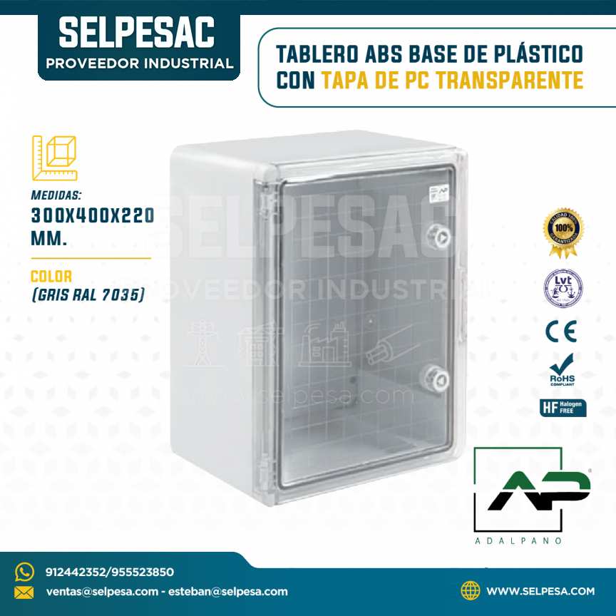 ADALPANO - TABLERO ABS BASE DE PLÁSTICO CON TAPA DE PC TRANSPARENTE 300X400X220MM