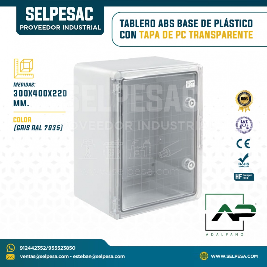 ADALPANO - TABLERO ABS BASE DE PLÁSTICO CON TAPA DE PC TRANSPARENTE 300X400X220MM