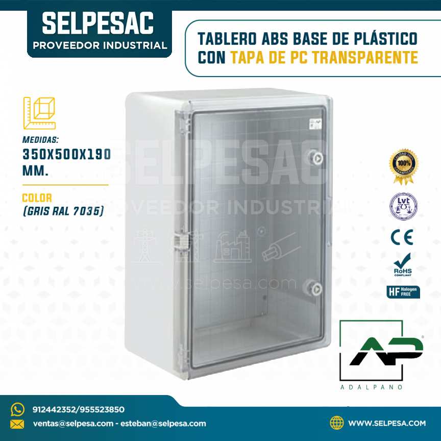 ADALPANO - TABLERO ABS BASE DE PLÁSTICO CON TAPA DE PC TRANSPARENTE 300X500X190MM