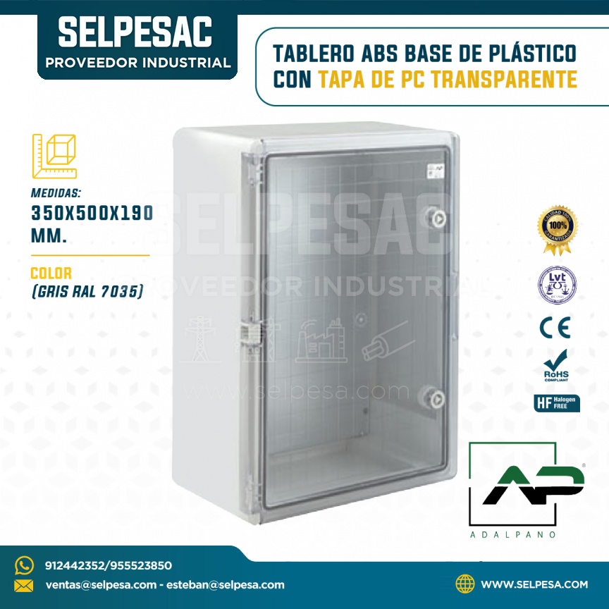 ADALPANO - TABLERO ABS BASE DE PLÁSTICO CON TAPA DE PC TRANSPARENTE 300X500X190MM
