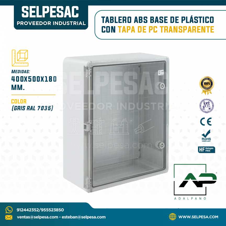 ADALPANO - TABLERO ABS BASE DE PLÁSTICO CON TAPA DE PC TRANSPARENTE 400X500X180MM