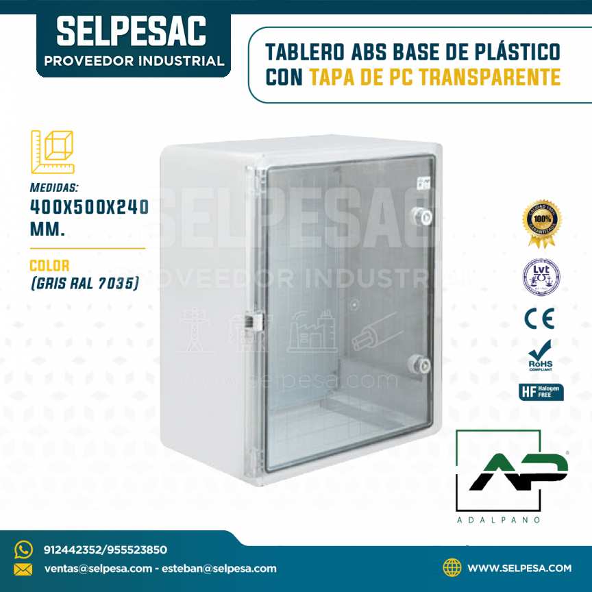 ADALPANO - TABLERO ABS BASE DE PLÁSTICO CON TAPA DE PC TRANSPARENTE 400X500X240MM