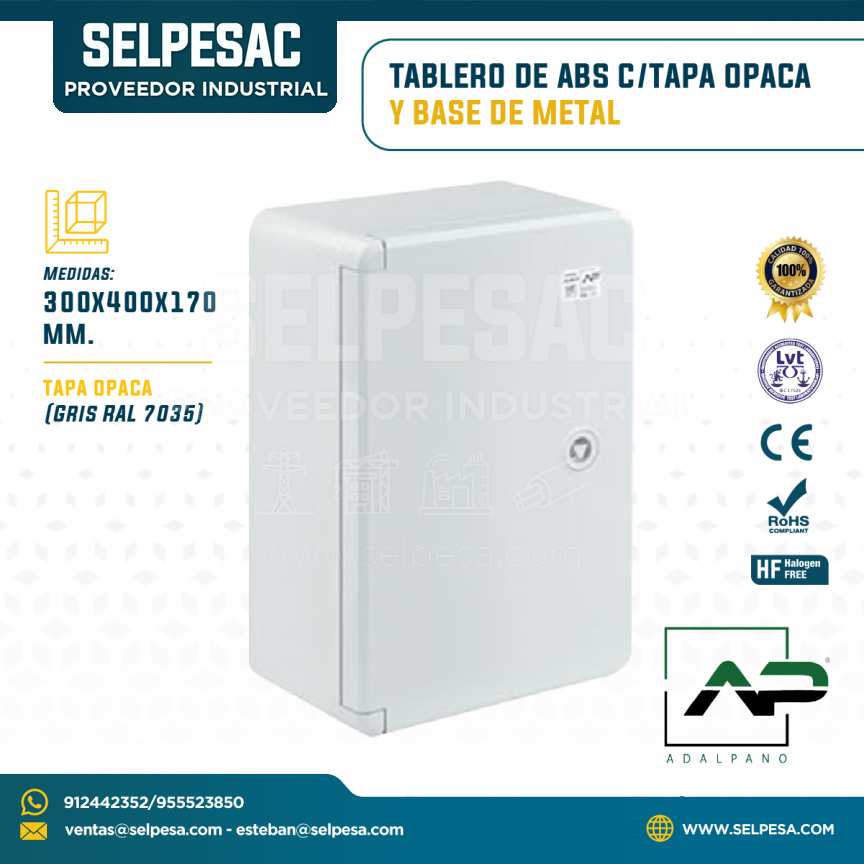ADALPANO - TABLERO DE ABS C/TAPA OPACA Y BASE METAL 300X400X170MM