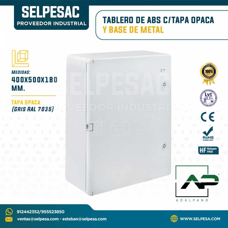 ADALPANO - TABLERO DE ABS C/TAPA OPACA Y BASE METAL 400X500X180MM