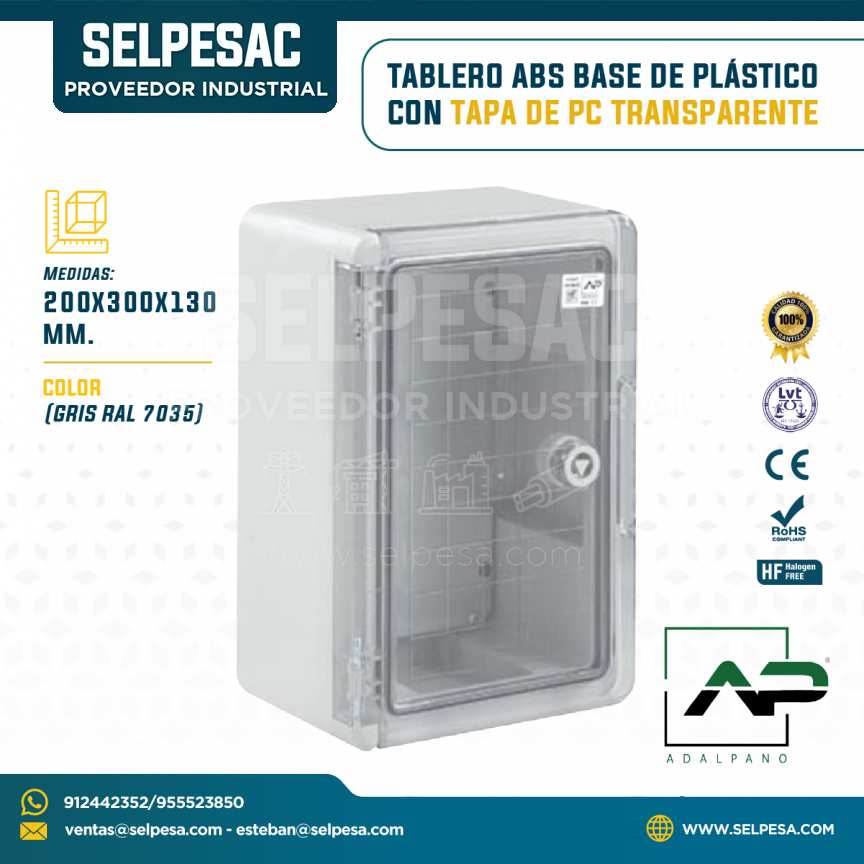 ADALPANO - TABLERO ABS BASE DE PLÁSTICO CON TAPA PC TRANSP.X 200X300X130MM