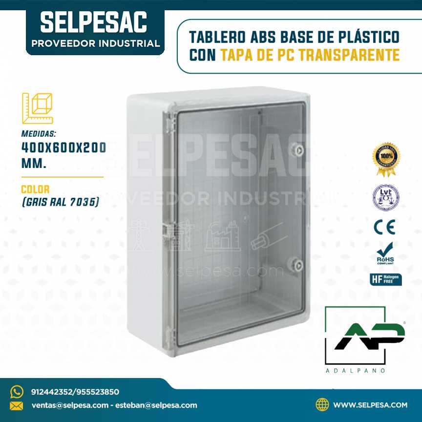 ADALPANO - TABLERO ABS BASE DE PLÁSTICO CON TAPA PC TRANSP.X 400X600X200MM
