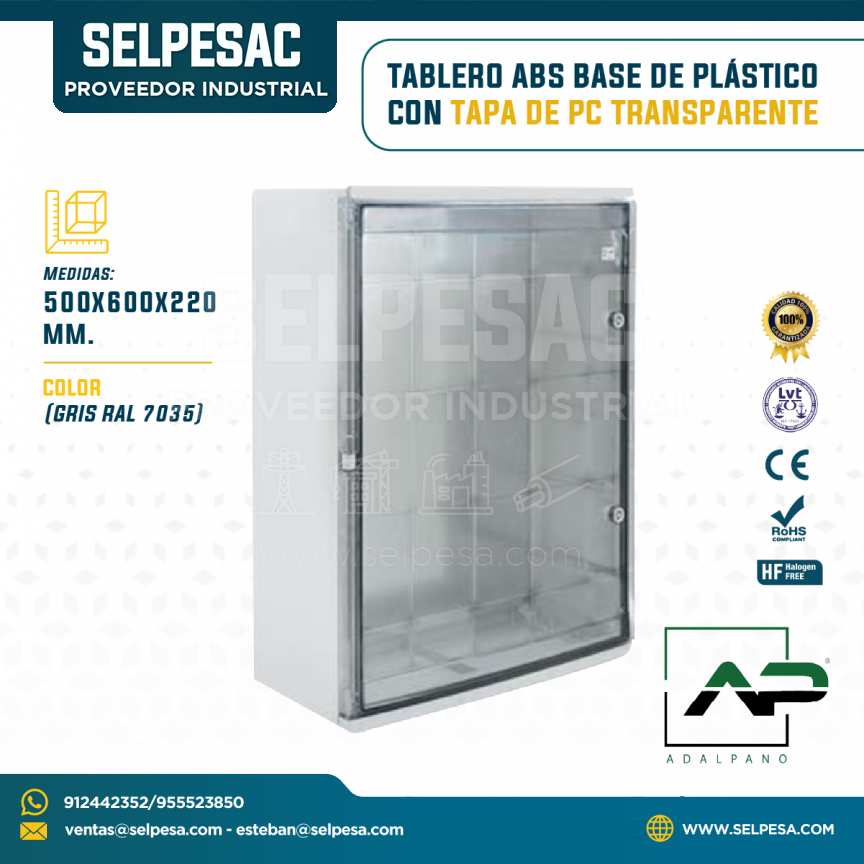 ADALPANO - TABLERO ABS BASE DE PLÁSTICO CON TAPA PC TRANSP.X 500X600X220MM