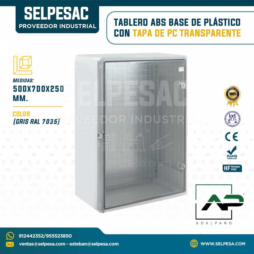 ADALPANO - TABLERO ABS BASE DE PLÁSTICO CON TAPA PC TRANSP.X 500X700X250MM