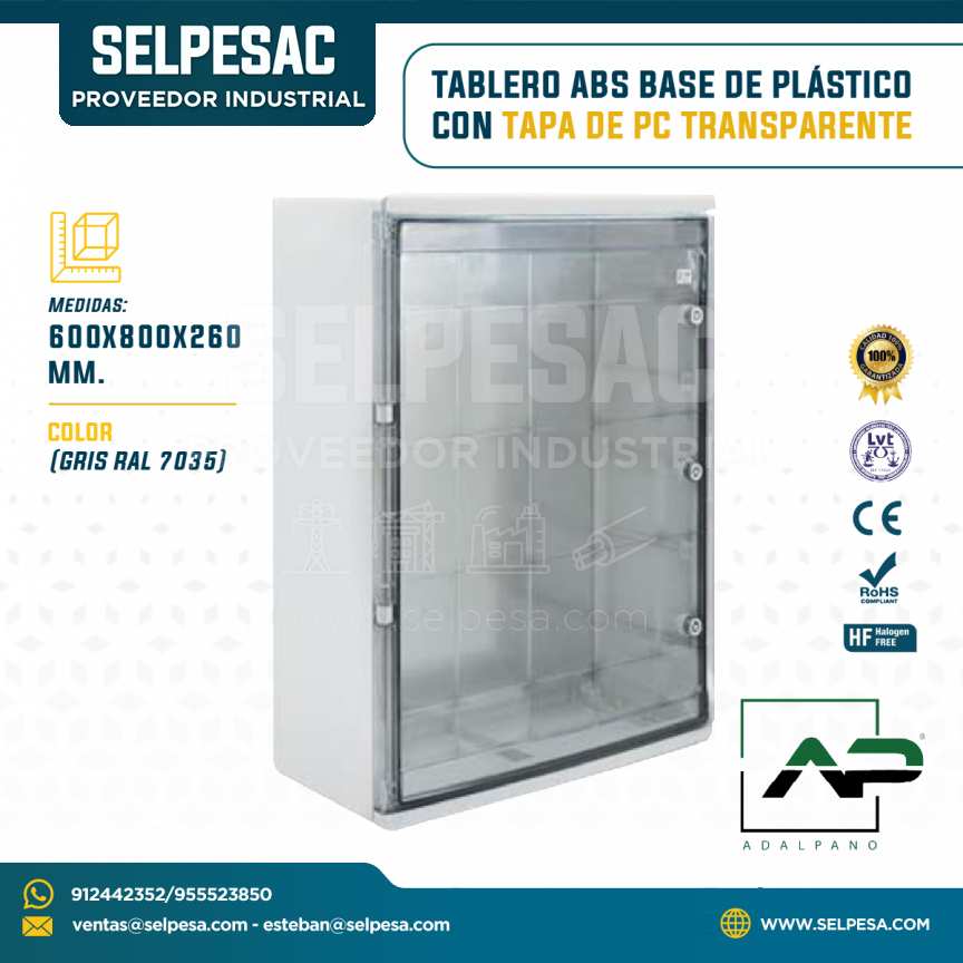ADALPANO - TABLERO ABS BASE DE PLÁSTICO CON TAPA PC TRANSP.X 600X800X260MM