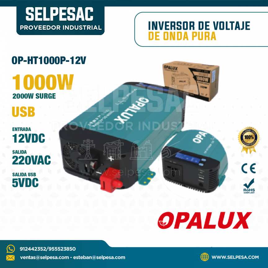 OPALUX - INVERSOR DE VOLTAJE DE ONDA PURA 1000W ENTRADA 12VDC SALIDA 220VAC