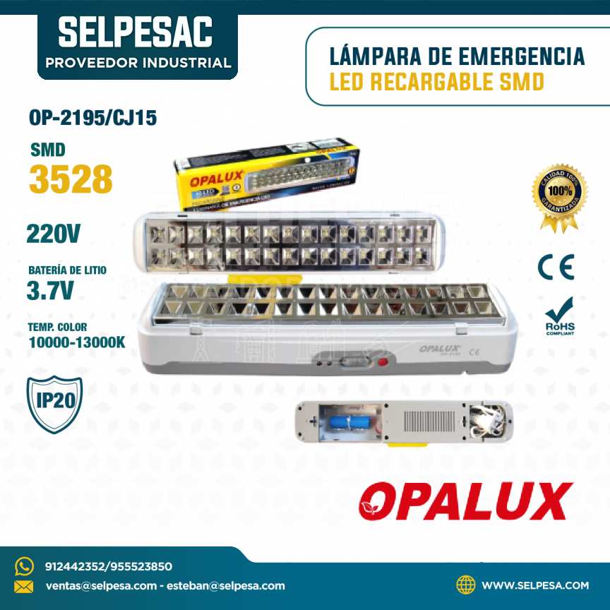 OPALUX - LÁMPARA DE EMERGENCIA LED RECARGABLE SMD 3528 220V IP20