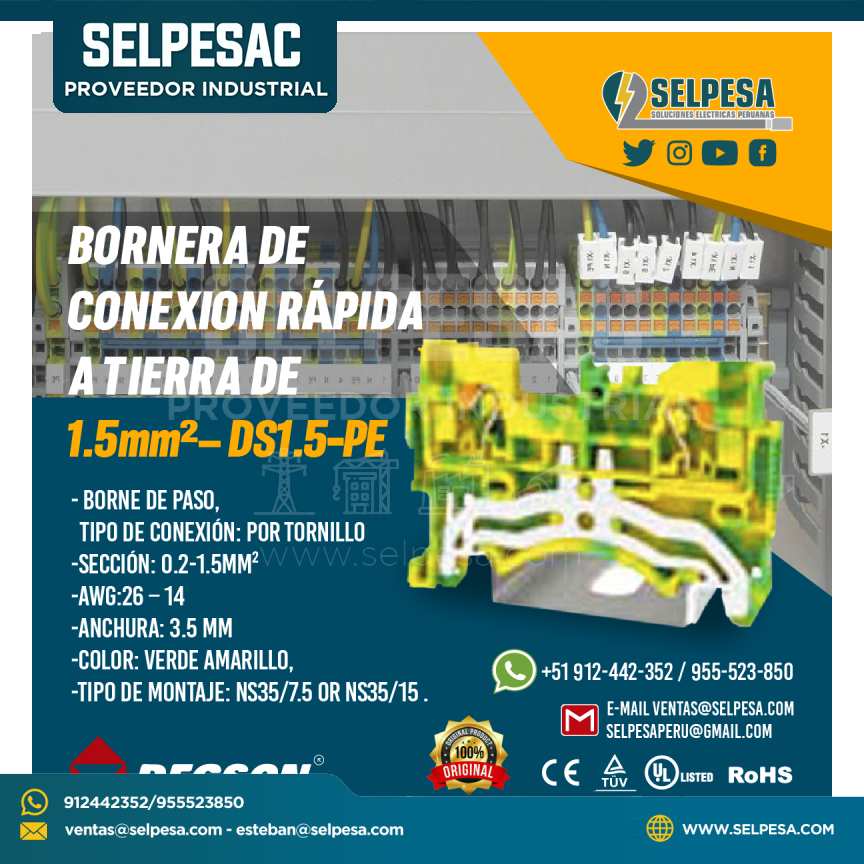 BORNERA DE CONEXION RÁPIDA  A TIERRA DE  1.5mm²– DS1.5-PE